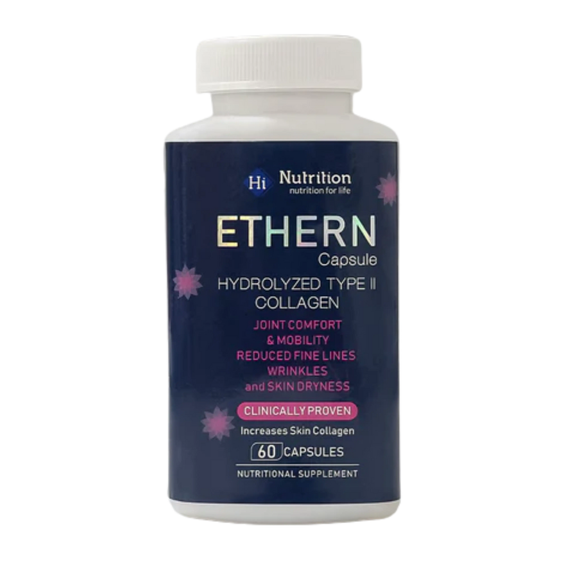 Supplement bottle labeled 'ETHERN' with white cap on a white background