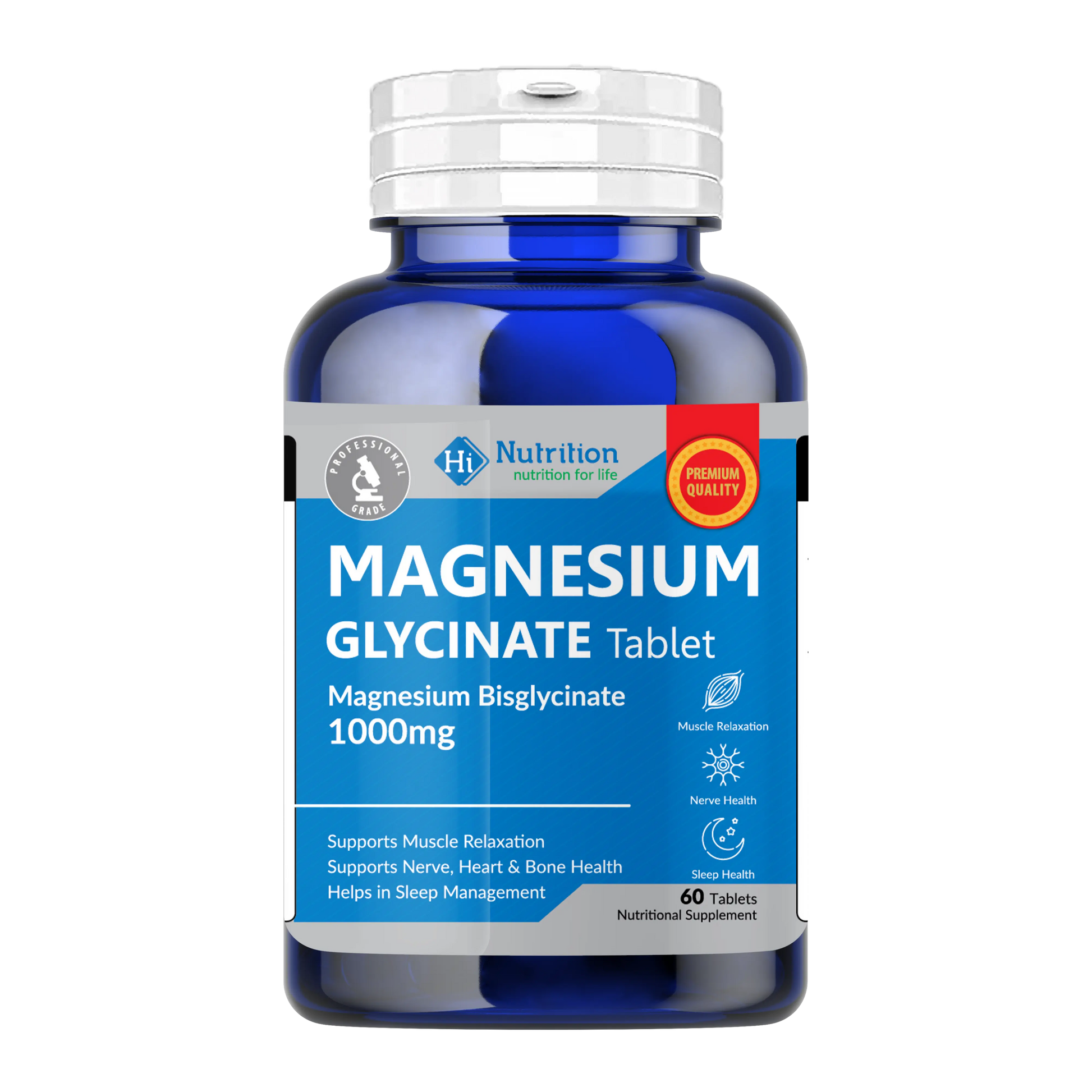 Blue supplement bottle labeled 'Magnesium Glycinate' on a white background